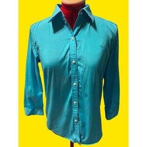 Lauren Ralph Lauren Women's Blue Button-Up Quarter Sleeve Size Small